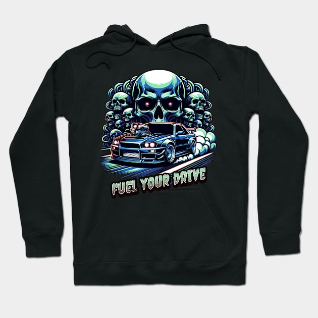 Fuel Your Drive Racing Cars Skull Race Car Speed Fast Skull Face Street Car Racecar Hoodie by Carantined Chao$